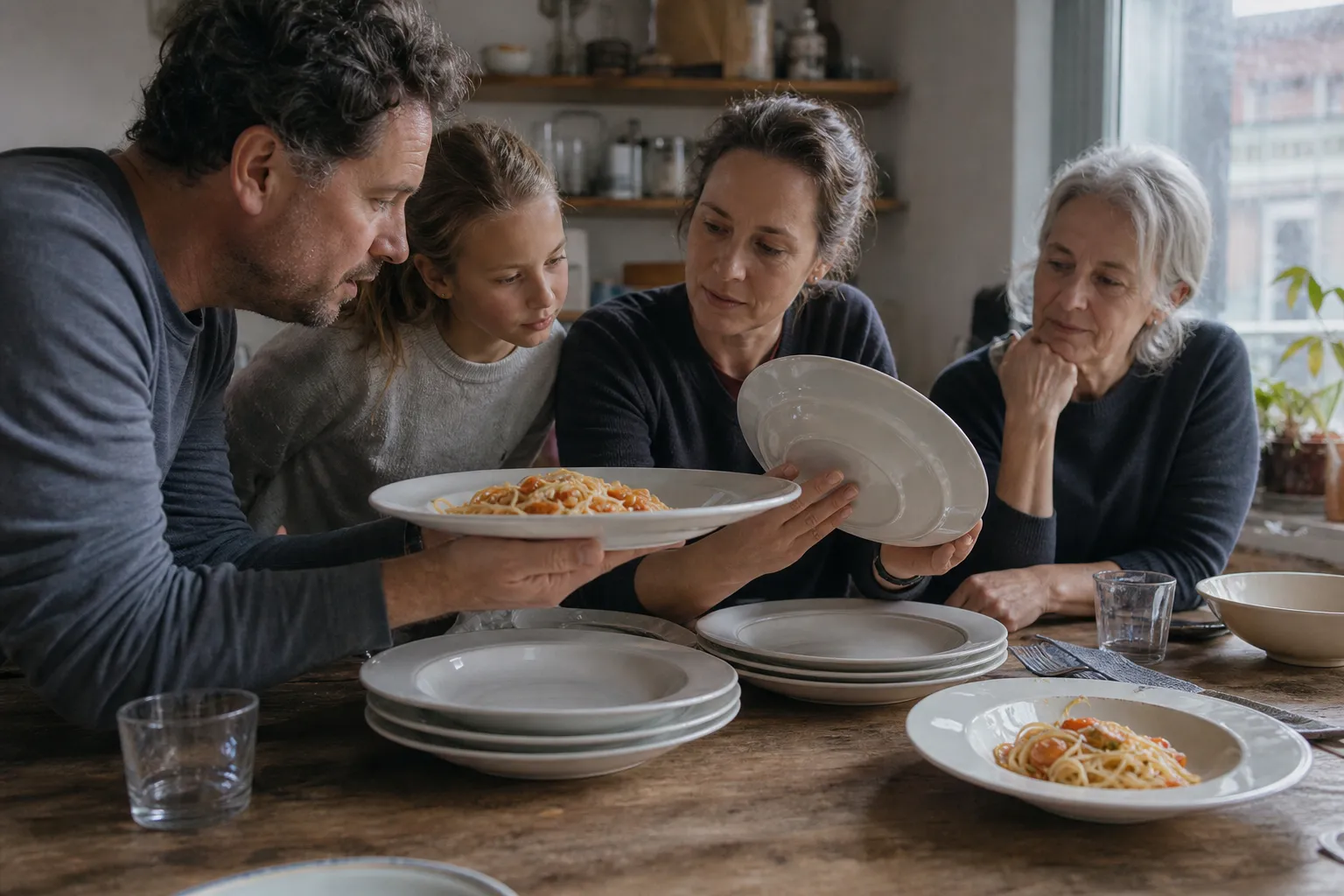 Familien prüfen bei Pastateller konkrete Details zu täglicher Gebrauch