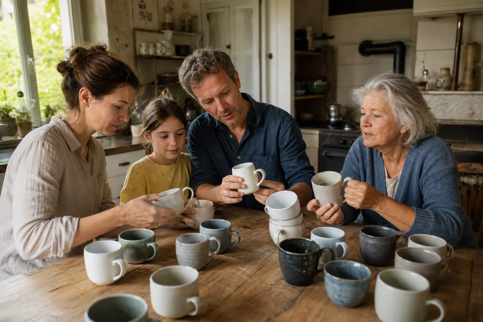 Familien prüfen bei Kaffeetassen konkrete Details zu täglicher Gebrauch